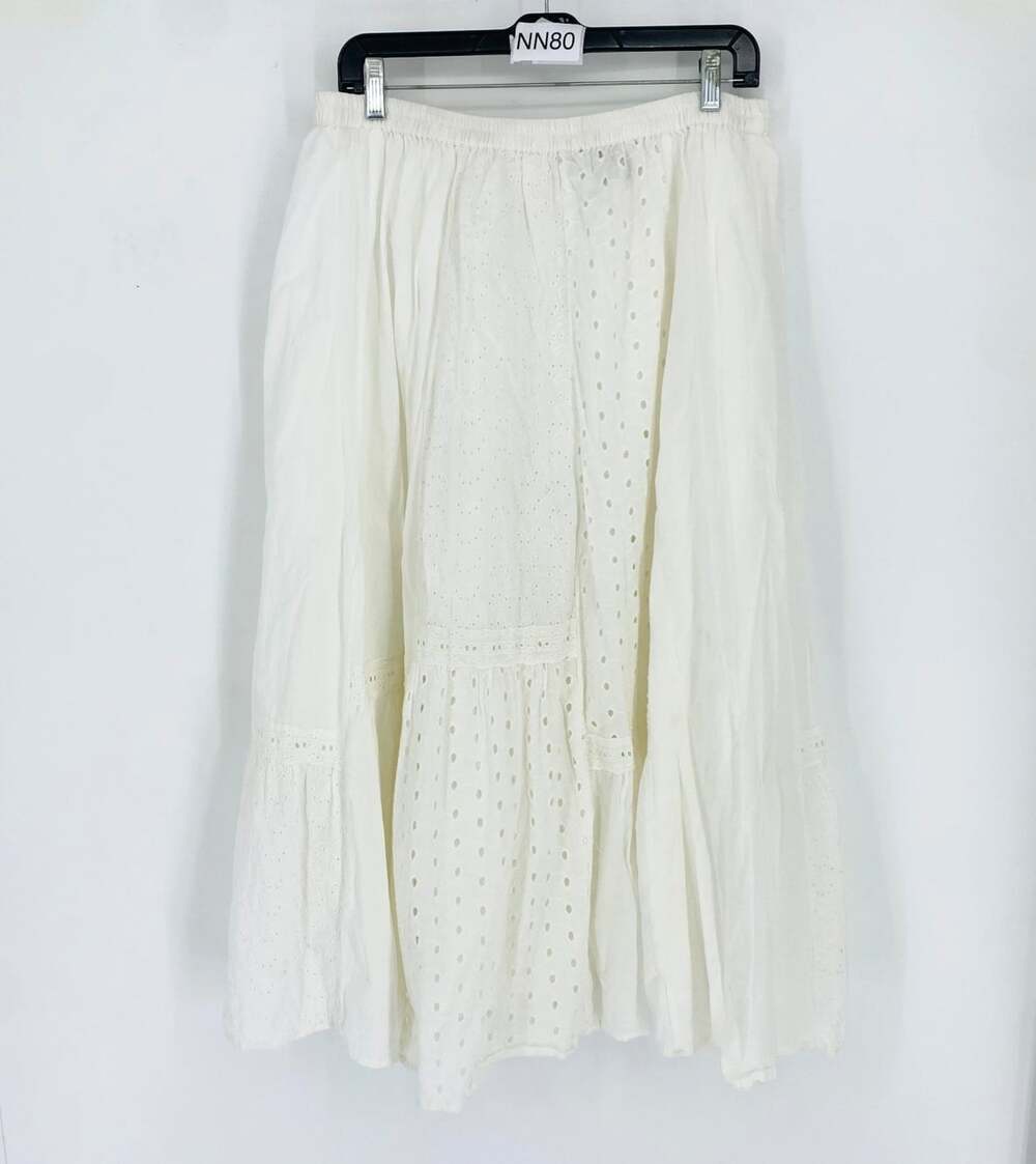 Vintage Notations Cotton Eyelet Maxi Skirt White Elastic Waist Boho M/M Romance